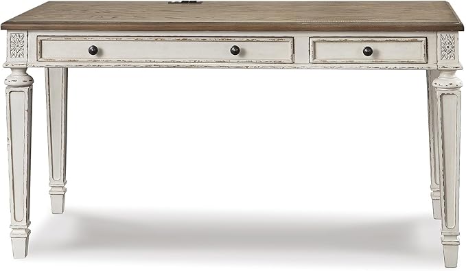 Signature Design by Ashley Realyn Farmhouse Home Office Desk, 2 Drawers, Drop-down Drawer, USB Charging, Wood, 60" W x 28" D x 31" H, Chipped White and Brown
