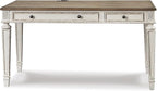Signature Design by Ashley Realyn Farmhouse Home Office Desk, 2 Drawers, Drop-down Drawer, USB Charging, Wood, 60" W x 28" D x 31" H, Chipped White and Brown