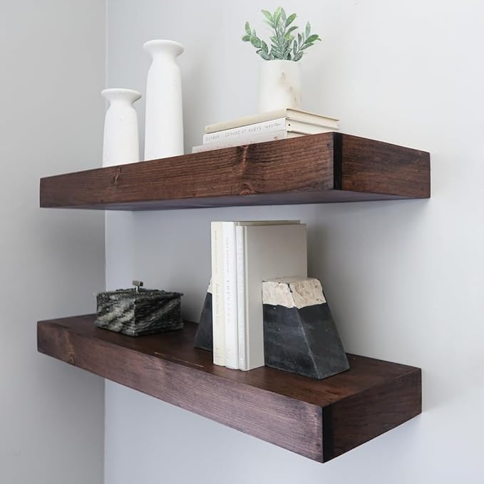 Urbandi Modern Floating Shelves 3 Inches Thick for Wall, Wide Shelves for Kitchen, Living Room, Bedroom, and Bathroom, Natural Pine Wood, Rustic Wooden Shelf, (Set of 2) (Provincial, 60Lx3Hx8D)
