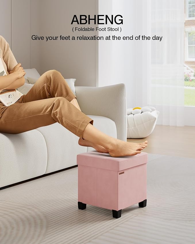 Cube Storage Ottoman, Velvet Foot Stool with Feet, Folding Storage Bench, End of Bed Bench, Chest, for Living Room, Bedroom and Office, 15 x 15 x 15.7 Inches, Jelly Pink, ASND22P