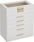 SONGMICS GISELLA Collection - Jewelry Box Organizer, 6-Layer Jewelry Storage with 5 Drawers, Shiny Metal Hardware, Glass Lid, Modern, 6.4 x 9.9 x 11.4 Inches, Cloud White and Gold Color UJBC171W01