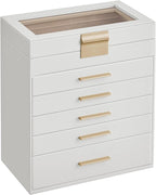 SONGMICS GISELLA Collection - Jewelry Box Organizer, 6-Layer Jewelry Storage with 5 Drawers, Shiny Metal Hardware, Glass Lid, Modern, 6.4 x 9.9 x 11.4 Inches, Cloud White and Gold Color UJBC171W01