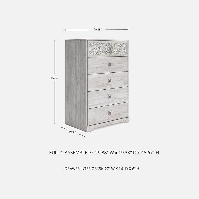 Signature Design by Ashley Paxberry Boho 5 Drawer Chest of Drawers, Whitewash