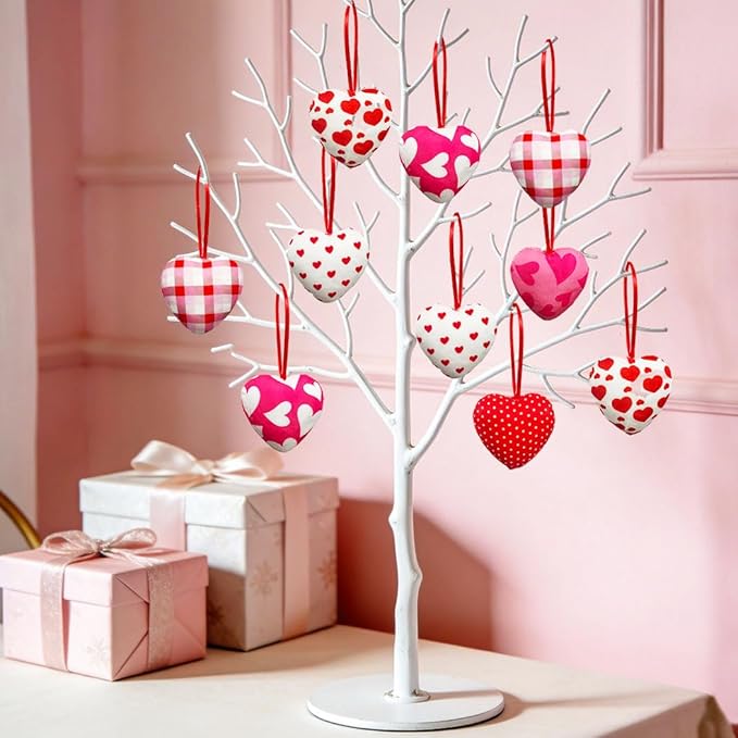 Valentines Hearts Ornaments,12PCS Fabric Heart Hanging Ornaments,Red Pink Hearts Shape Baubles Bulk for Valentines Tree Wedding Anniversary Party DIY Crafts Decorations 1.8 inch