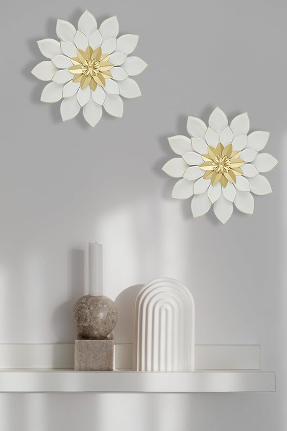 JWZSKZYZ Metal Flower Wall Decor, 9.5inch white gold Modern Iron Floral Wall Art Sculpture Farmhouse Hanging Decoration for Home Living Room, Bathroom, Kitchen, indoor, Patio Porch - （White）