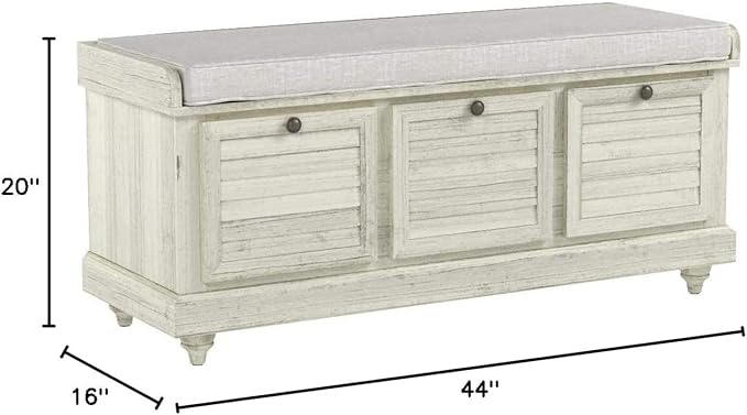 OSP Home Furnishings Dover Coastal Lift-Top Storage Bench with Shutter Face Styling, White Wash Finish with Off-White Fabric Cushion