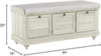 OSP Home Furnishings Dover Coastal Lift-Top Storage Bench with Shutter Face Styling, White Wash Finish with Off-White Fabric Cushion