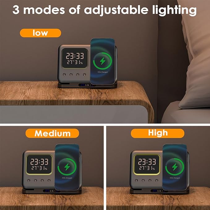 IHAO 5in1 Multi Functional Wireless Charger with Digital Clock 18W Fast Charge Night Light Temperature Display Magnetic Attraction Compliant for iPhone, Apple Watch and Qi Headphone-DH13 White