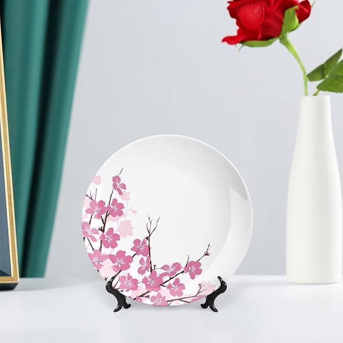 Ceramic Display Plate, Asian Decor Ceramic Hanging Decorative Plate, Japanese Cherry Blossoms with Branches Spring Time, 6 Inch, Household Custom Ceramic Plate, Pink White