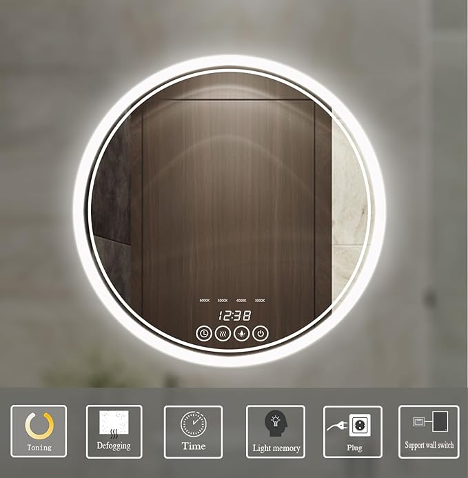 Wall-Mounted Round Bathroom Mirror with LED-Lights - 32 Inch Vanity Mirrors with Dimmable (32" x 32",Frameless)