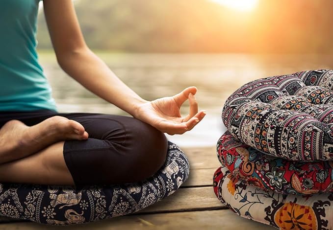 Boho Square Floor Seat Pillows Cushions 22" x 22", Soft Cotton Linen Bohemian Yoga Mandala Meditation Pouf Tatami Floor Pillow Cushion for Living Room Adults & Kids Casual Reading Nooks,Flowers Green