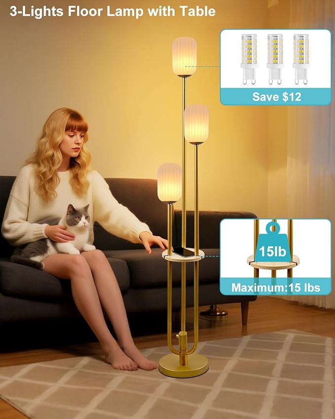 Lightdot Gold Dimmable Floor Lamp with Shelf, Modern Floor Lamps with Oval Striped Lampshade 3000K Bulb Included 3-Lights Candle Holder Style Tall Lamp for Living Room/Bedroom/Sofa Beside/Corner Decor