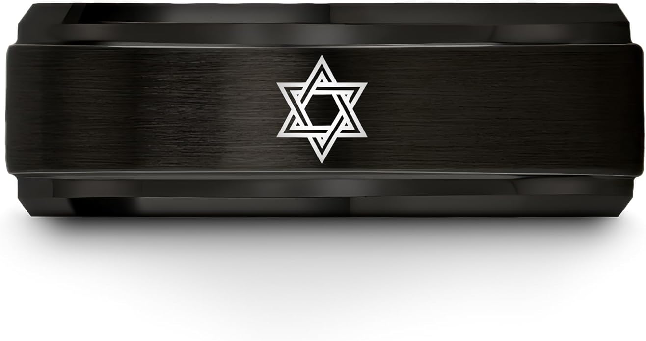 Mezuzah star Of David Ring - Gift for Jewish Family - Flat Dome Bevel - 8mm - Men Women - Yellow Gold Black Silver Blue - Anniversary Wedding - Personalized Custom Engraving - Band - Brushed Polished