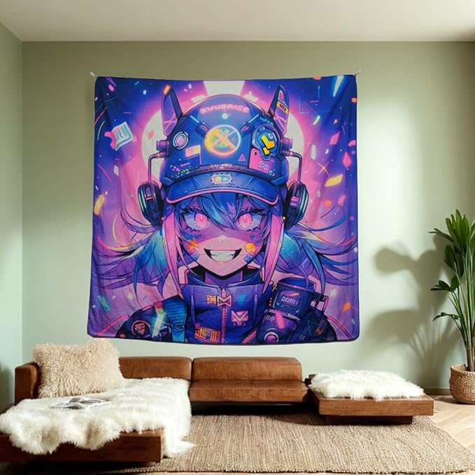 HOUHUANG Hanging paintings, blacklight tapestry, murals, and decorative paintings, fluorescent anime, cartoons, polyester material (59 "x 59") for families, bars, and outdoor parties (Cool girl)