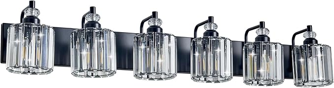 6-Light Black Bathroom Light Fixtures Over Mirror Modern Vanity Lights Crystal Wall Sconce Vintage Bathroom Lighting with Crystal Shade E26 Base for Bedroom, Living Room, Hallway
