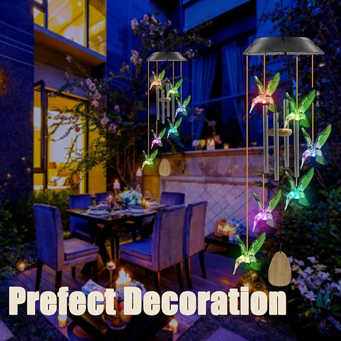 Birthday Gifts for Women Mom Grandma, Hummingbird Wind Chimes with 4 Aluminum Tube Solar Wind Chimes for Outside Solar Lights Outdoor Garden Patio Yard Decor