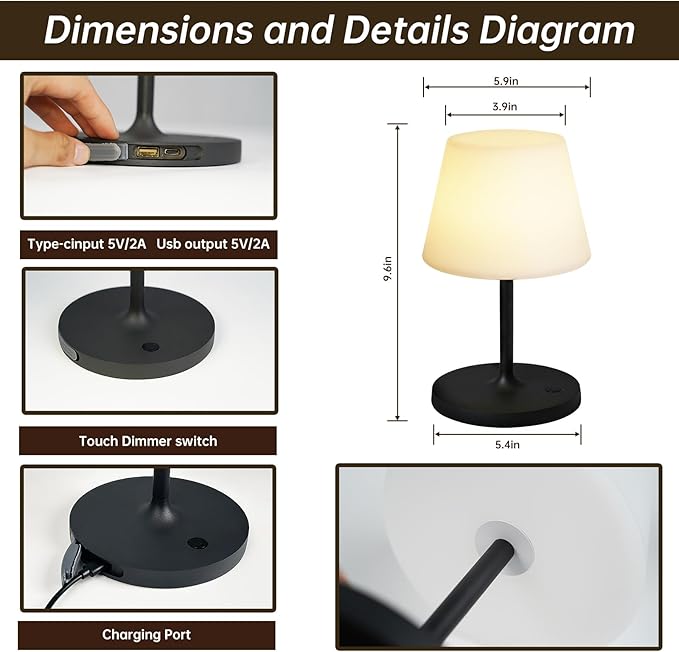 Waterproof Rechargeable Table Lamp - Portable Cordless Desk Lamp with 8 RGB Colors,4000mAh Outdoor Stepless Dimmable LED Night Light for Bedroom, Living Room,Camping Restaurant,Office (Black)