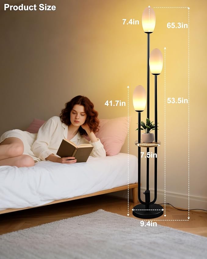 Lightdot Black Dimmable Floor Lamp with Table, 63IN Mid-Century Oval Floor Lamps with BulbsIncluded, 3-Lights Candle Holder Style Modern Tall Standing Lamp for Living Room/Sofa Beside/Corner Decor