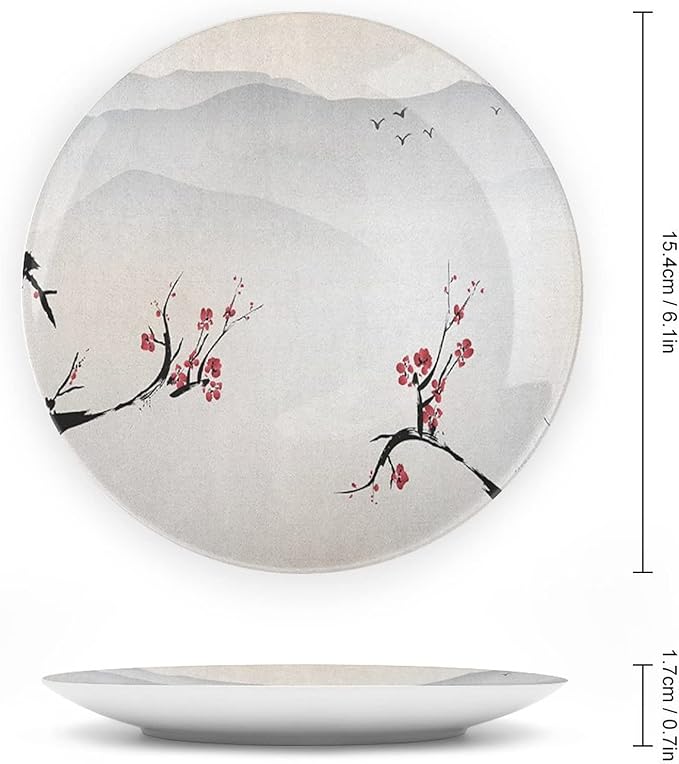 Decorative Plates, Asian Print Ornament, Japanese Nature Landscape National Flower, 8 Inch, Kitchen Wall Decor, Beige Red Black