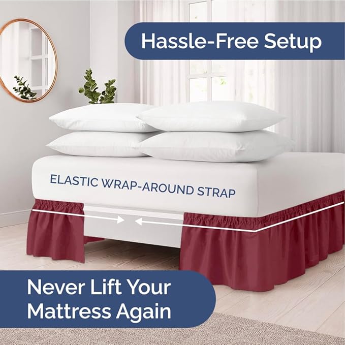 Wrap Around Dust Ruffle Bed Skirt - Burgundy - for Queen Size Beds with 18 Inch Drop - Elastic Strap - Adjustable Pleated Bedskirt with Brushed Fabric and Wrinkle Free - for Women, Men, Kids & Teens