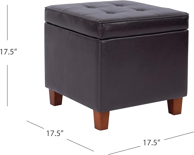 HomePop Leatherette Tufted Square Storage Ottoman with Hinged Lid, Brown Small