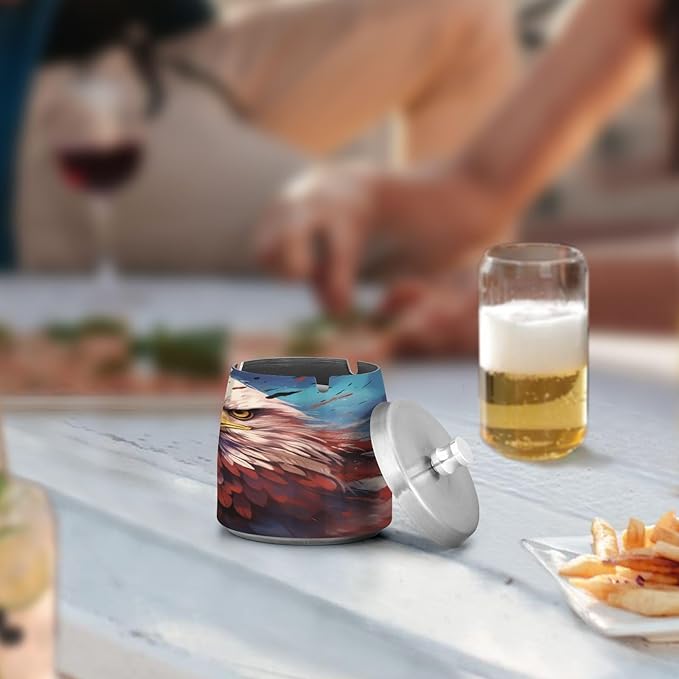 Painting Usa Flag Cool Eagle Ashtray with Lid, Outdoor Ashtrays for Patio, Stainless Steel Ashtray Odorless Smokeless for Home Office Balcony