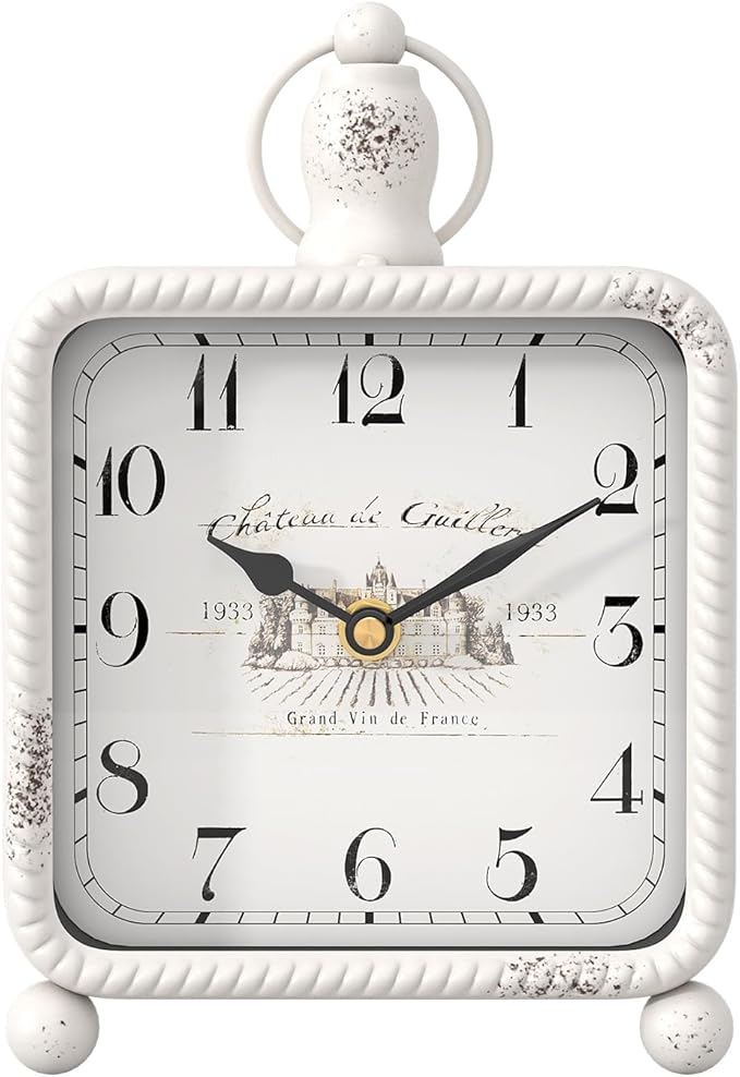 Vintage White Table Clock on Stand, Desk and Shelf Decor Clock, French Rustic Style Mantel Clocks for Farmhouse, Living Room, Bedroom, Bedside, Gift (8.5" H x 5.5" W)