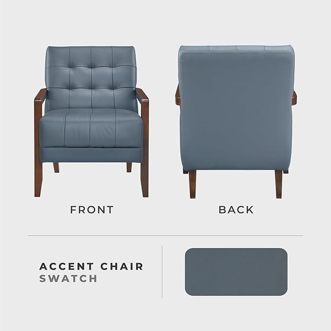 Lexicon Modern Accent Chair, Luxury Genuine Leather Match Living Room Chair with Tufted Cushions, Solid Wood Frame and Arm Rest, Comfy Upholstered Single Seat for Bedroom/Reading/Office, Blue