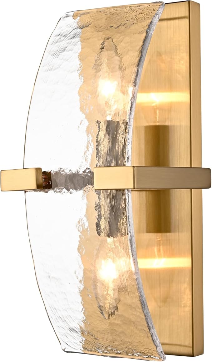 DANSEER 2-Light Modern Gold Wall Sconce - 13 Inch Hardwired Indoor Wall Light with Water Rippled Glass Shades and Gold Finish for Living Room, Bedroom, Kitchen, Hallway