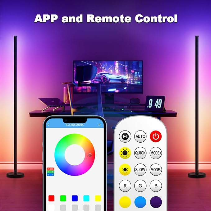 63″H RGB Floor Lamp, LED Corner Lamp,16 Million DIY Colors, 68+ Scenes, Music Sync, App & Remote Control (2 Pack)
