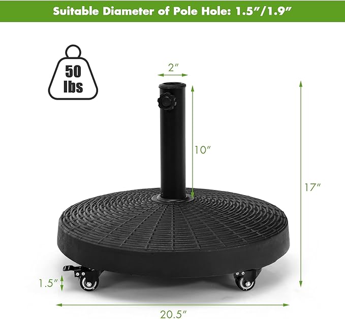 Giantex 50 LBS Patio Umbrella Stand, 20.5 Inch Round Umbrella Base with 4 Lockable Wheels, Heavy-Duty Outdoor Umbrella Holder, Suitable for Pool, Yard, Garden, Street, Market, Rattan Design, Black
