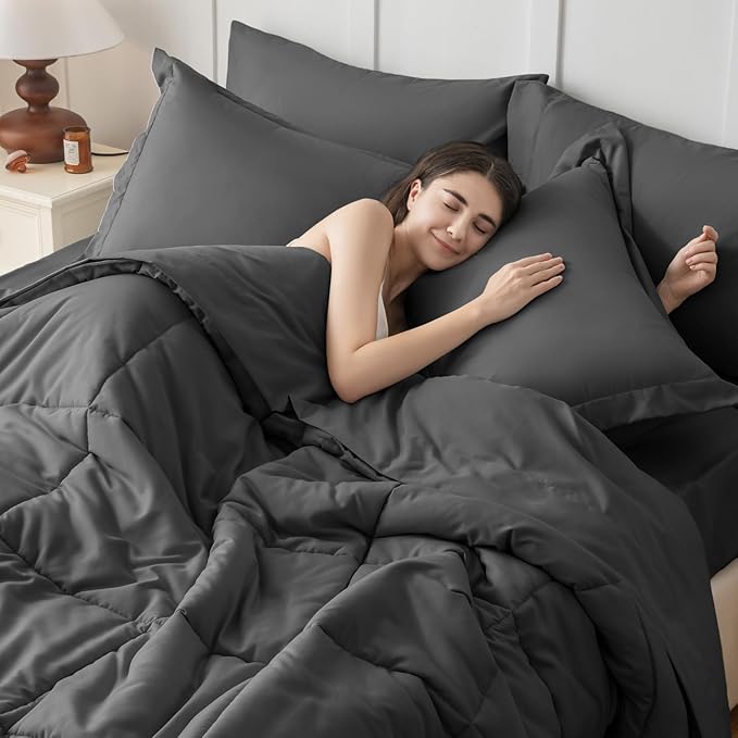 JOLLYVOGUE King Comforter Set, Ultra-Soft Bed in a Bag King Size 7 Pieces, Oeko-TEX Certified Bedding Set with Down Alternative Comforter, Sheets, Pillowcases & Shams, Dark Grey