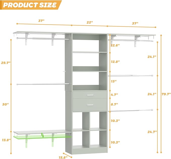 8FT Closet System - 96" Closet Organizer System with Wooden Drawers,Closet Systems for Walk-In Closets with Cuttable Hanging Shelving, Green