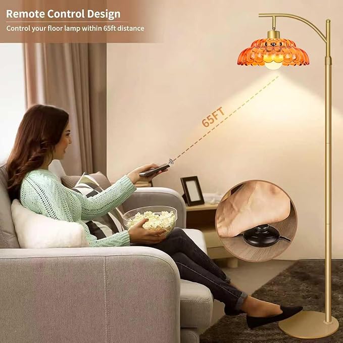 Glass Floor Lamp for Living Room, Standing Lamp with Remote, Dimmable Tall Lamps with Orange Glass Shade, Mid Century Modern Floor Lamps for Bedroom, 12W LED Bulb Included