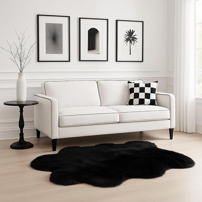 Silky Soft Faux Fur Rug, 5 ft. x 7 ft. Black Fluffy, Made in France, Sheepskin Area, Shaggy Rug for Living Room, Bedroom, Kid's Room, or Nursery, Home Décor Accent with with Non-Slip Backing