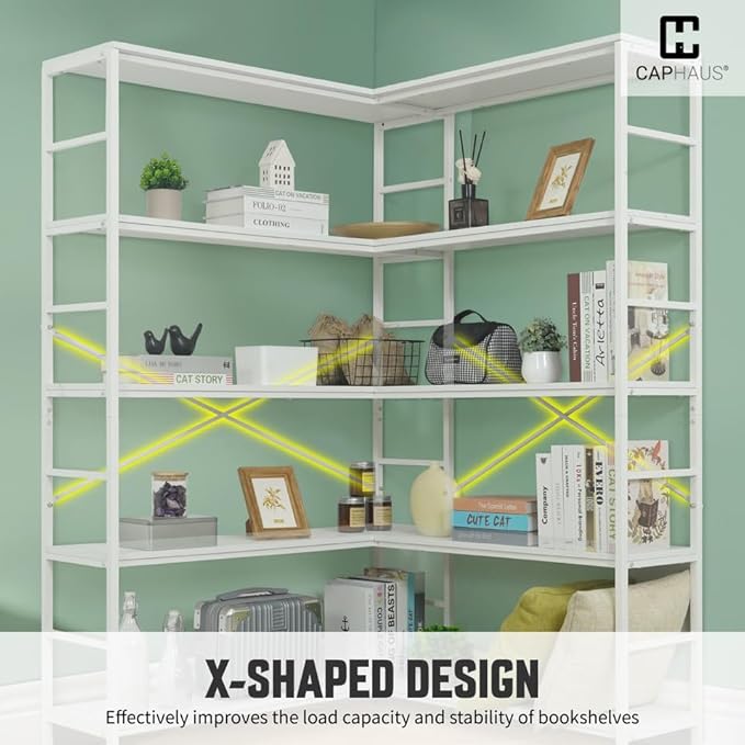 CAPHAUS L-Shaped Bookshelf, 5 Tier Industrial Corner Bookcase, Tall Corner Shelf with Metal Frame, Wooden Board, Open Display Shelf for Living Room, Bedroom, Home and Office, Rustic Oak