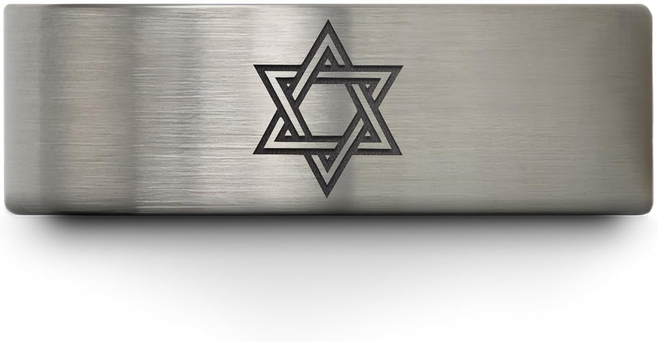 Mezuzah star Of David Ring - Gift for Jewish Family - Flat Dome Bevel - 8mm - Men Women - Yellow Gold Black Silver Blue - Anniversary Wedding - Personalized Custom Engraving - Band - Brushed Polished
