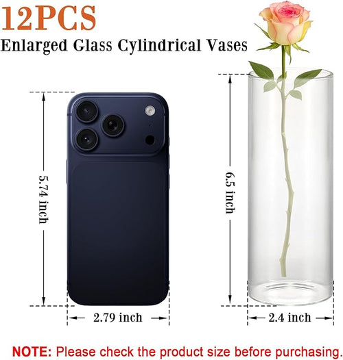 12 Pack 6.5" Tall x 2.4" Diameter Clear Glass Cylinder Vases-Flower Vases for Centerpieces, Hurricane & Floating Candle Holders for Weddings, Parties, Home Decor,Table Displays