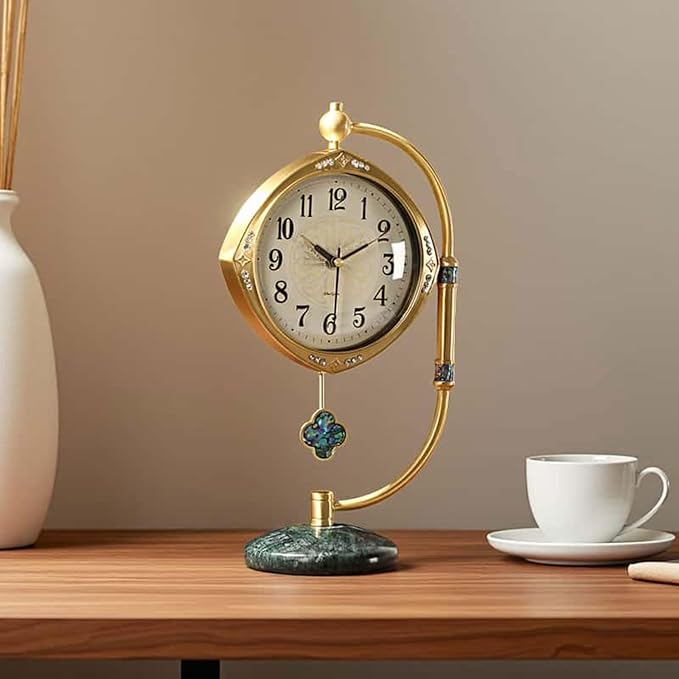 Quartz Movement Brass Mantel Clock with Long Power Reserve - Vintage Style Table Clock with Marble Base,Silent Home Decor for Living Room and Office