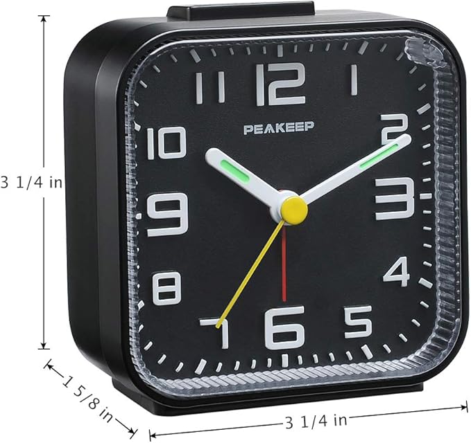 Peakeep 3D Numbers No Tick-Tock Analog Alarm Clock with Classic Beep Sound, Snooze, Manual Light and Battery Powered Small for Travel (Black-3D)