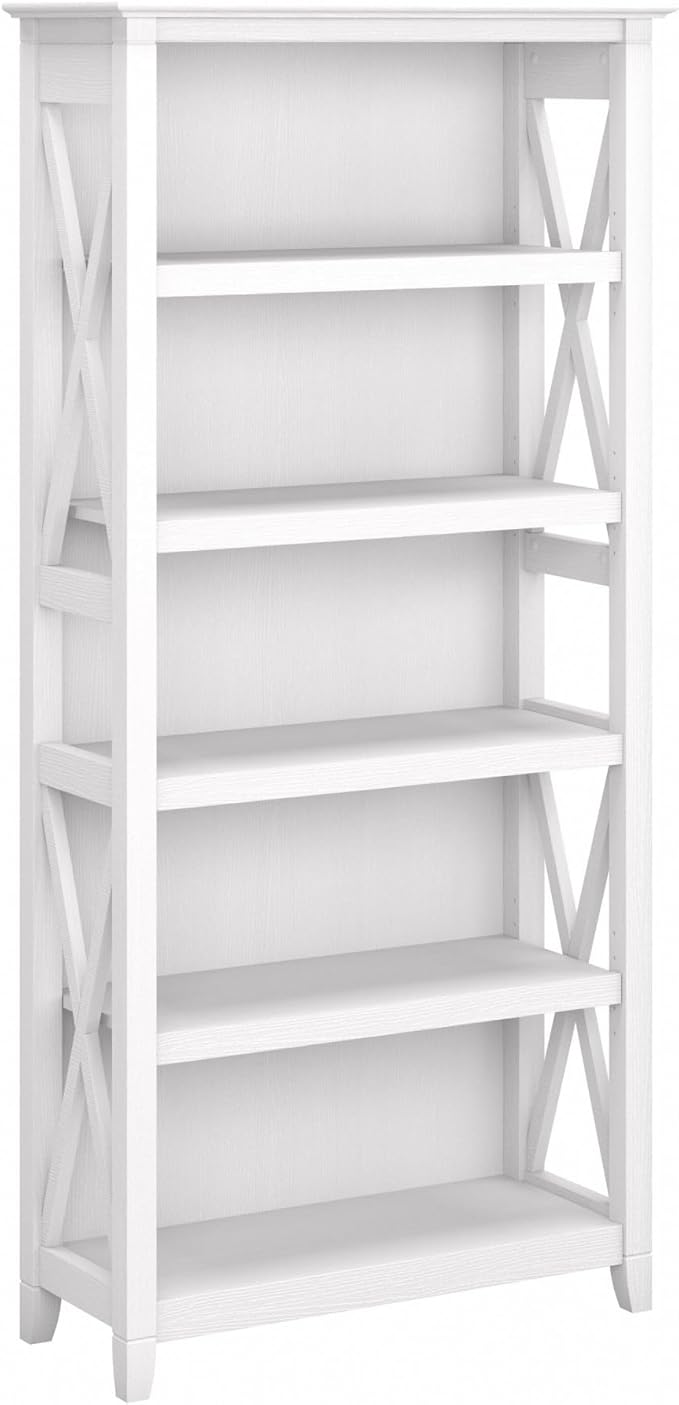 Bush Home Tall 5 Shelf Bookcase for Living Room or Home Office, Large Bookshelf, Modern Farmhouse Style, Key West Collection, Pure White Oak