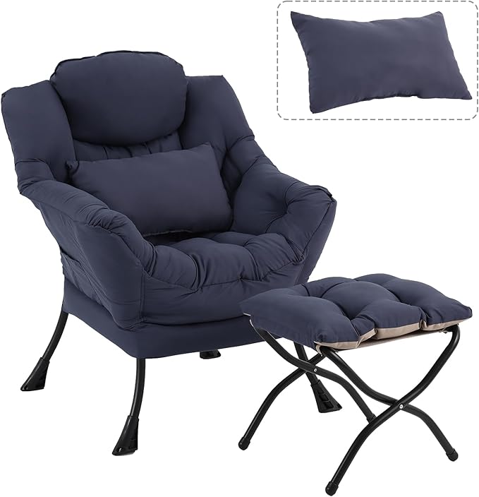 Lazy Chair with Ottoman, Modern Accent Chair with Lumbar Pillow, Navy Blue Sofa, Lounge Chairs with Folding Footrest, Oversized Supportive Chairs for Bedroom, Reading