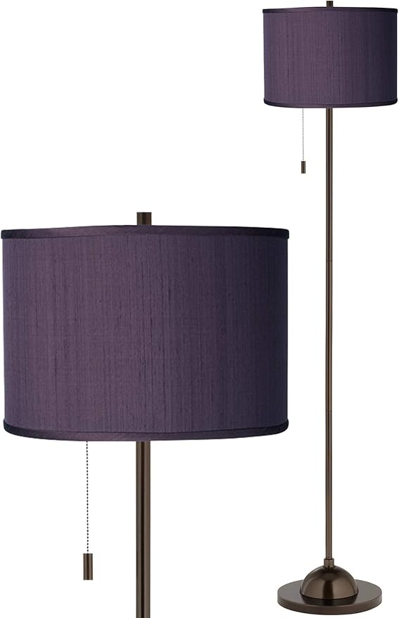 Possini Euro Design Modern Club Floor Lamp Slim Profile 62" Tall Tiger Bronze Eggplant Purple Faux Silk Fabric Drum Shade Standing Light for Living Room Reading House Bedroom Home