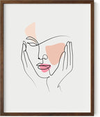 Aesthetic Face Wall Art Hands on Cheeks Continuous Line Drawing Abstract Pink Shapes 16x20 Inch Oak Wood Walnut Framed Modern Portrait for Bedroom Vanity