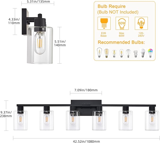 6-Light Bathroom Vanity Light Black Vanity Lights for Bathroom Light Fixtures Matte Black 6 Light Fixtures with Clear Glass Shades for Bath Over Mirror