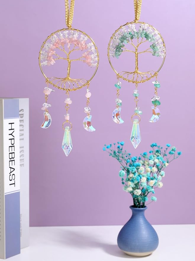 CrystalTears Crystal Tree Life Hanging Ornament Handmade Green Aventurine Clear Quartz Healing Crystal Gemstone Glass Suncatcher for Home Window Wall Decoration Crystal Gifts for Women Men Friends