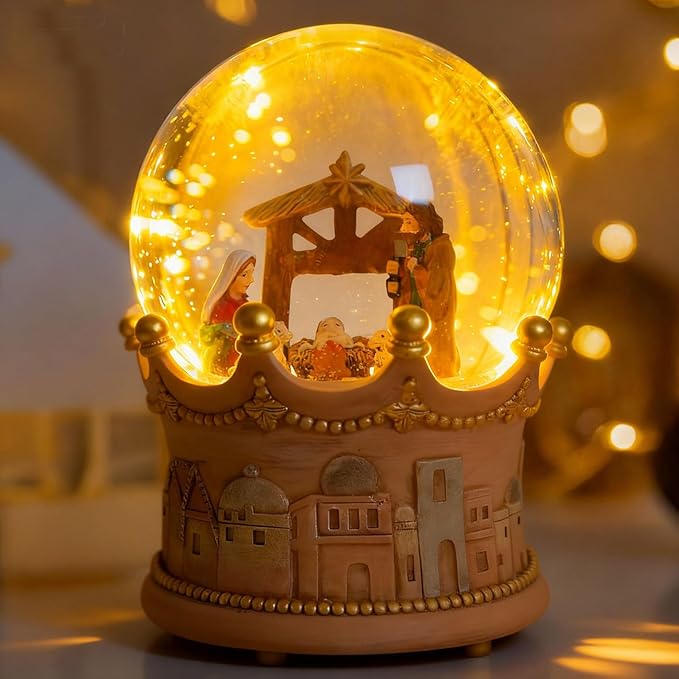 8.25 Inch Height Christmas Snow Globe with LED Light Musical Snowflakes Holiday Decoration, Nativity Scene Oversized Resin Snowglobes, Christmas Holiday Decor.