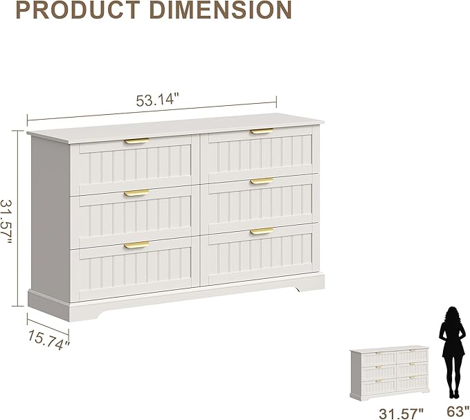 6 Wooden Drawer Dresser for Bedroom Storage, Modern Farmhouse Wood Chest of Drawers with Metal Handles, Wide Storage Cabinet for Closet, Living Room, or Entryway White