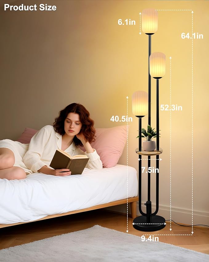 Lightdot Black Dimmable Floor Lamp with Shelf, Modern Floor Lamps with Oval Striped Lampshade& Bulb Included 3-Lights Candle Holder Style Tall Lamp for Living Room/Bedroom/Sofa Beside/Corner Decor