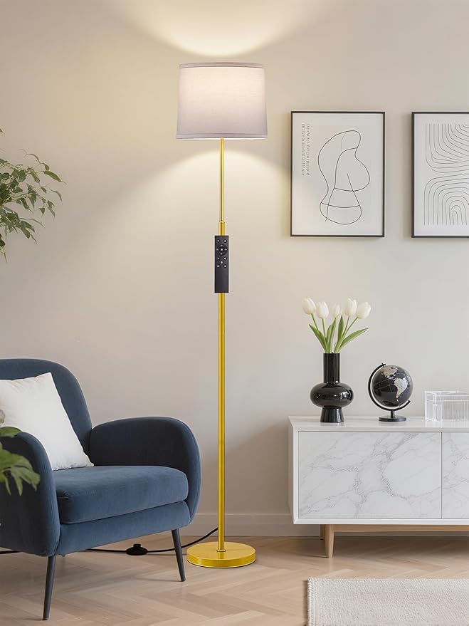 60" Modern Floor Lamp for Living Room, Standing Lamp with White Linen Lampshade, Remote and Foot Switch, Tall Lamp with A19 9W 3000K-6000K Color Temperature 10%-100% Brightness Dimmable Bulb, Gold